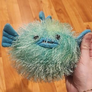 Fluffy Green and Blue Pufferfish Toy